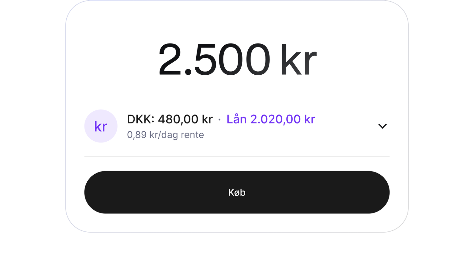 Buy screen showing a purchase funded with cash and a cryptocurrency-backed loan