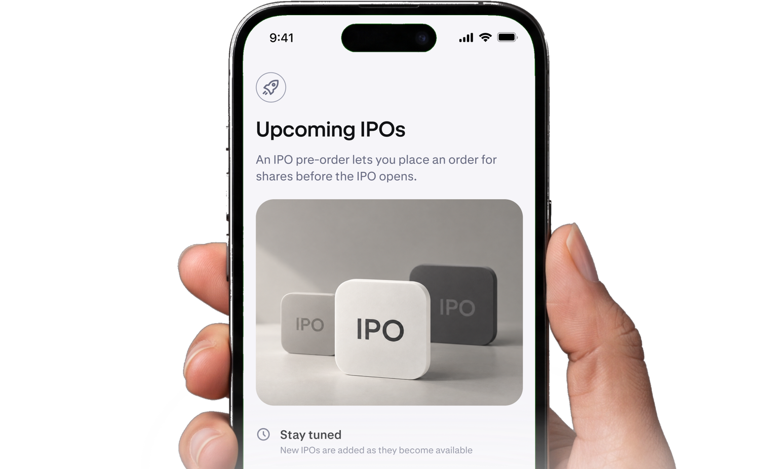 Hand holding phone displaying IPO pre-order information.