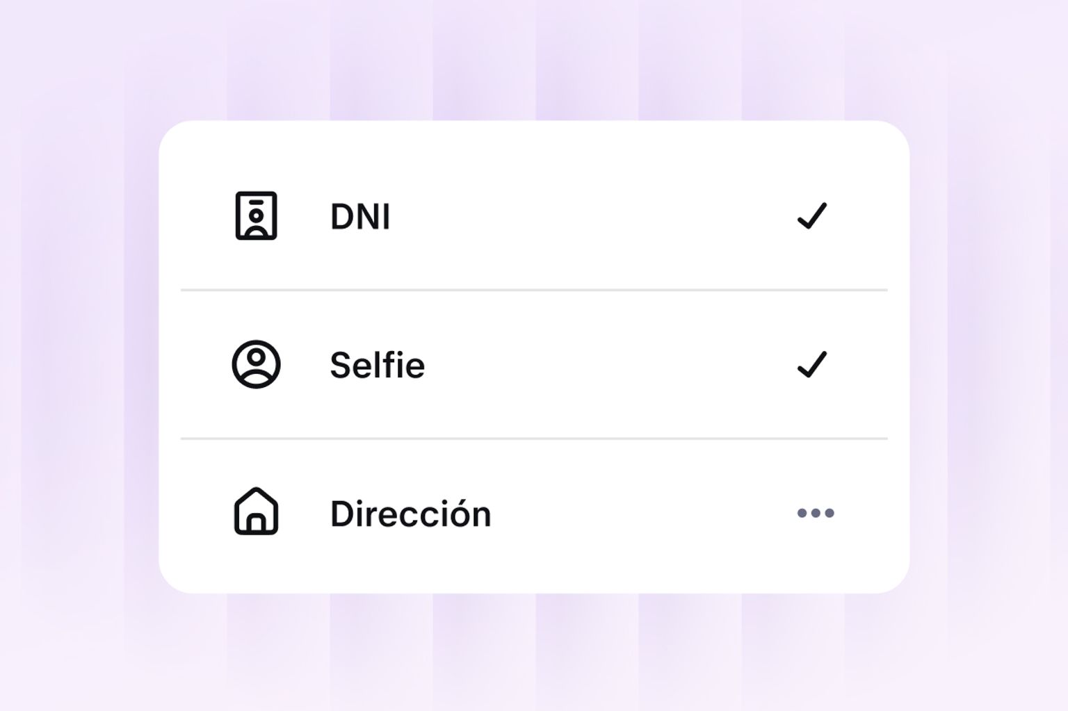 Identity verification screen showing ID, selfie and address checks