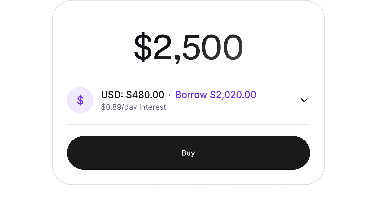 Buy screen showing a purchase funded with cash and a cryptocurrency-backed loan