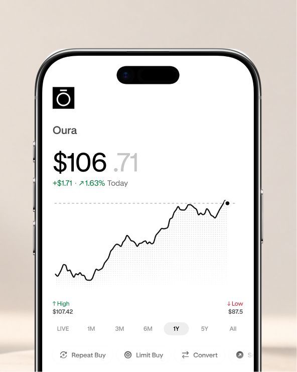 Smartphone displaying a stock chart with rising trend for Oura, priced at $106.71.