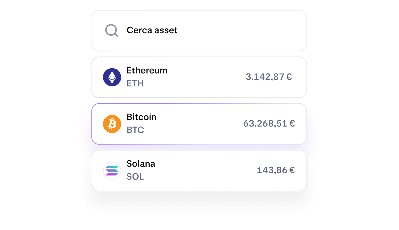 Cryptocurrency asset list for choosing what to buy in the Kraken app