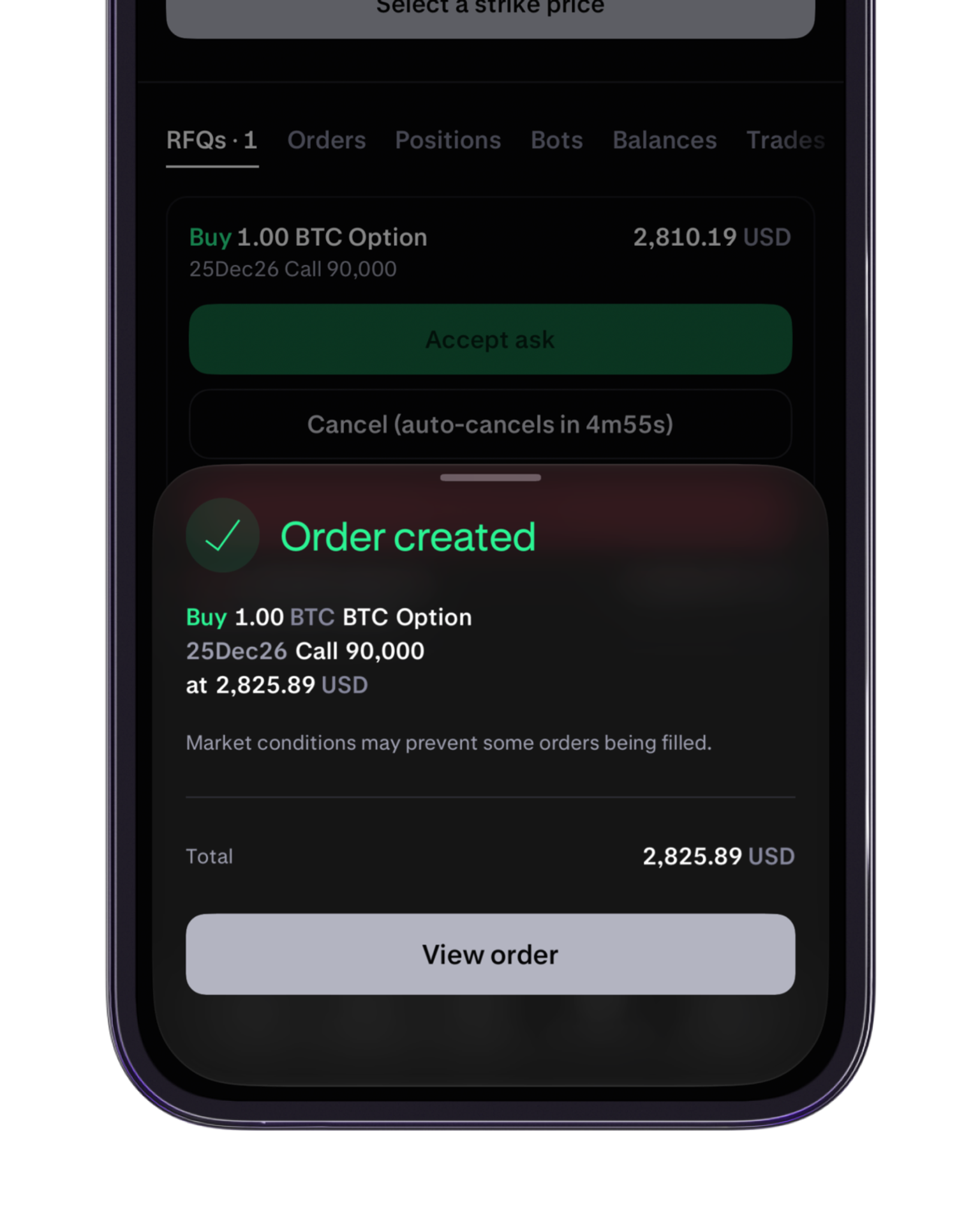 Reviewing and accepting a quote to complete an options trade