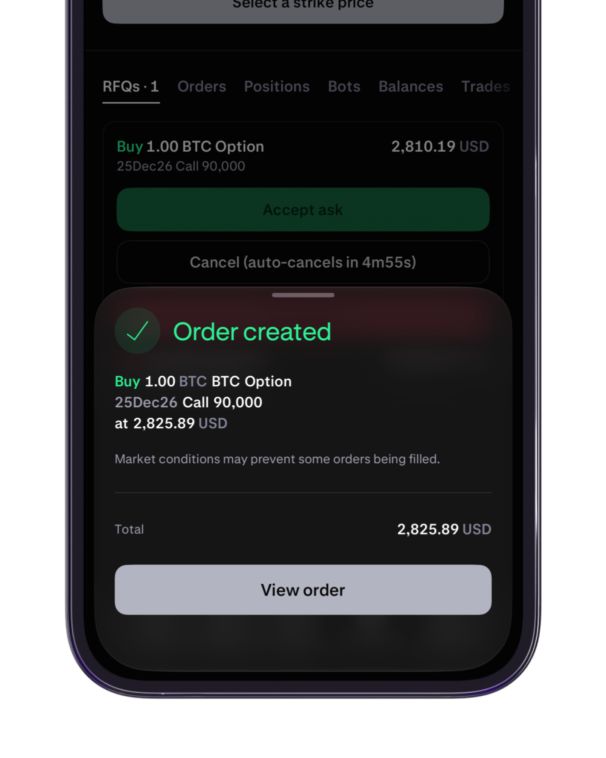 Reviewing and accepting a quote to complete an options trade