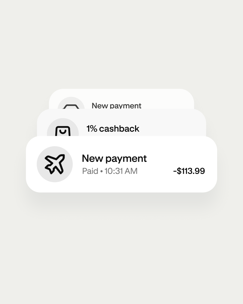 Payment notification cards showing a completed purchase and cashback reward