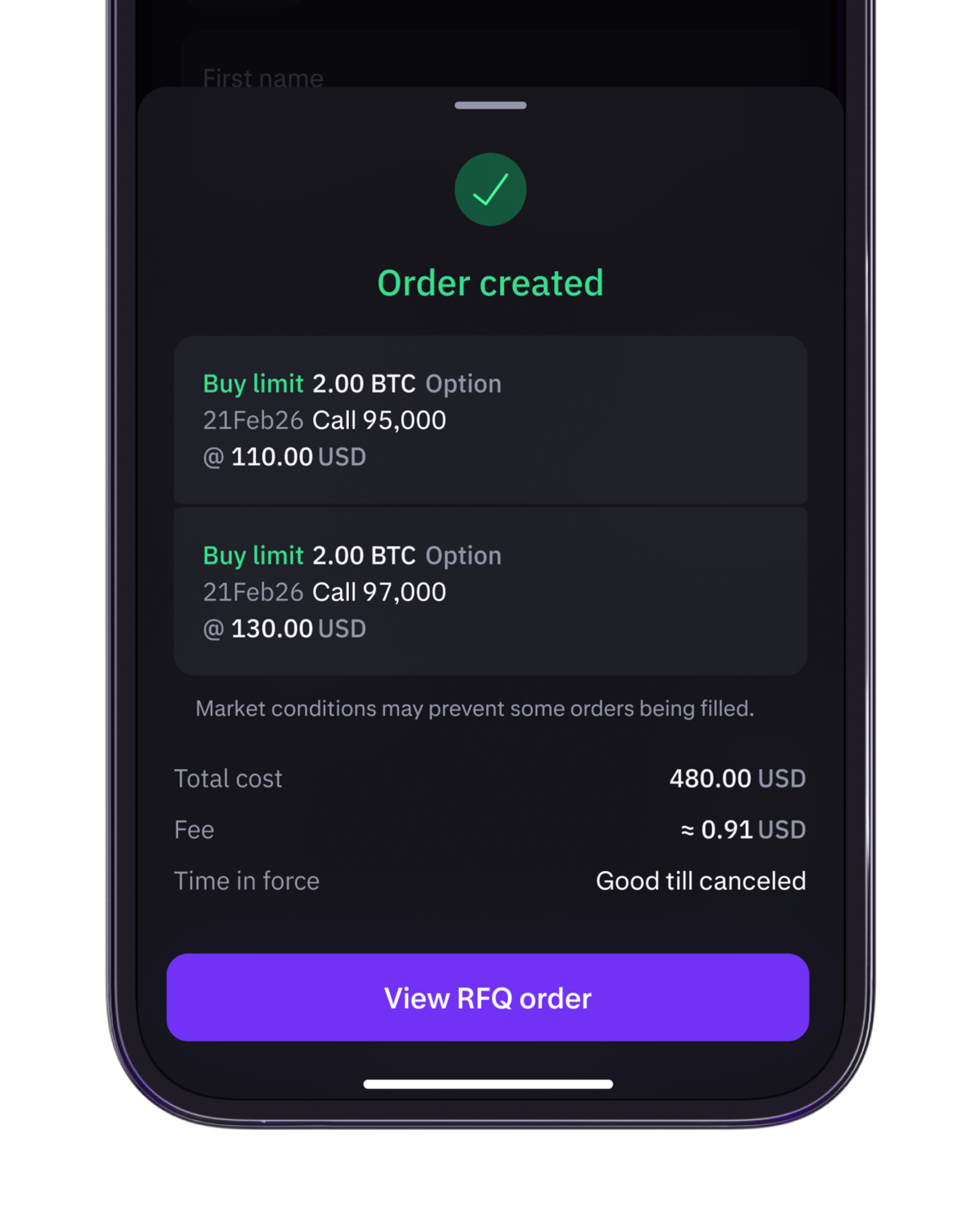 Reviewing and accepting a quote to complete an options trade