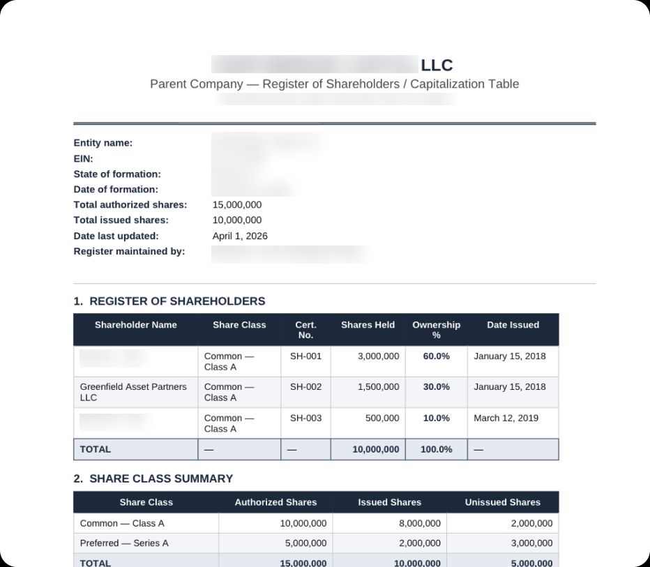 Example of a parent company share registry document