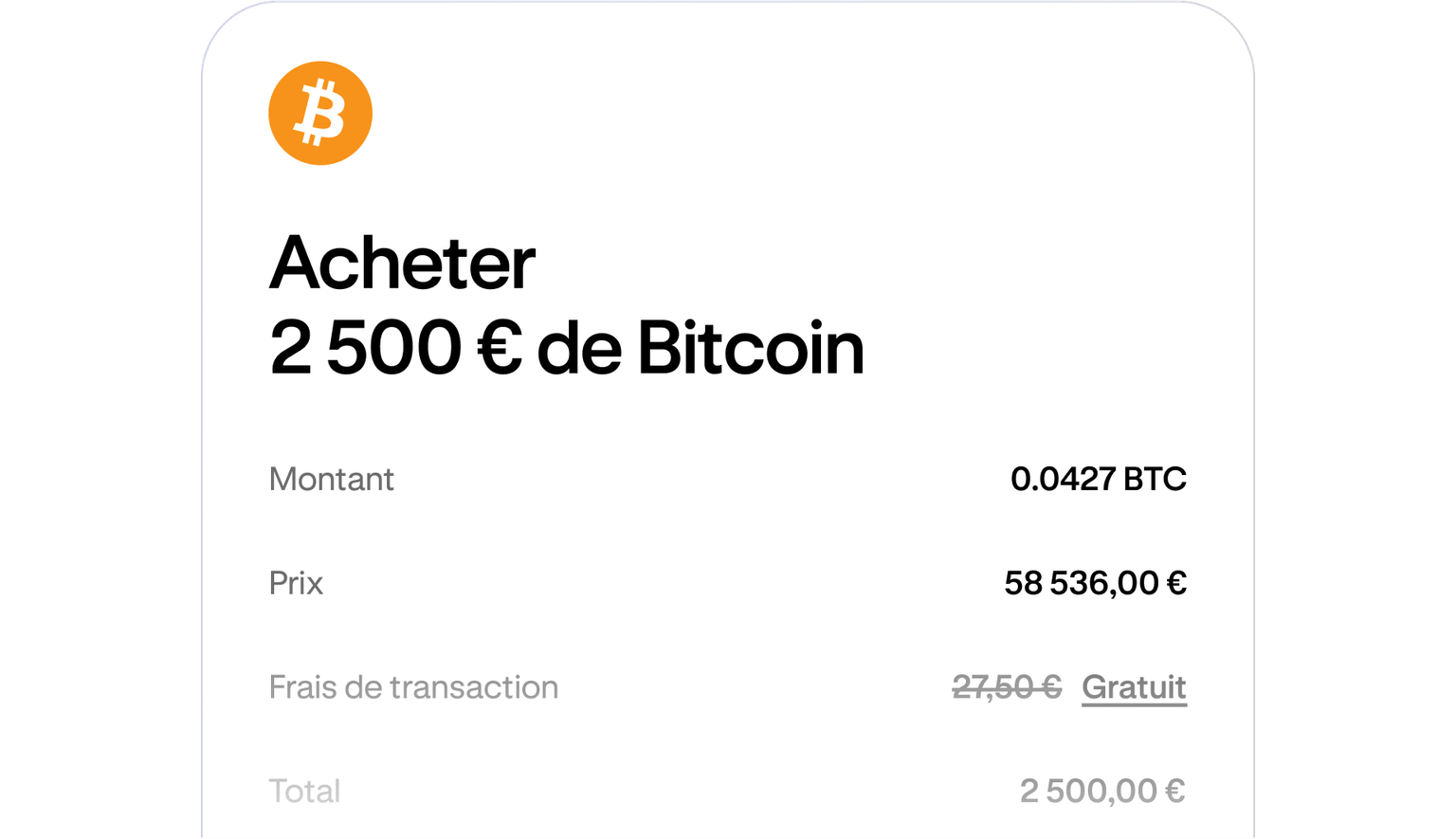 Cryptocurrency purchase review screen showing order details before confirmation