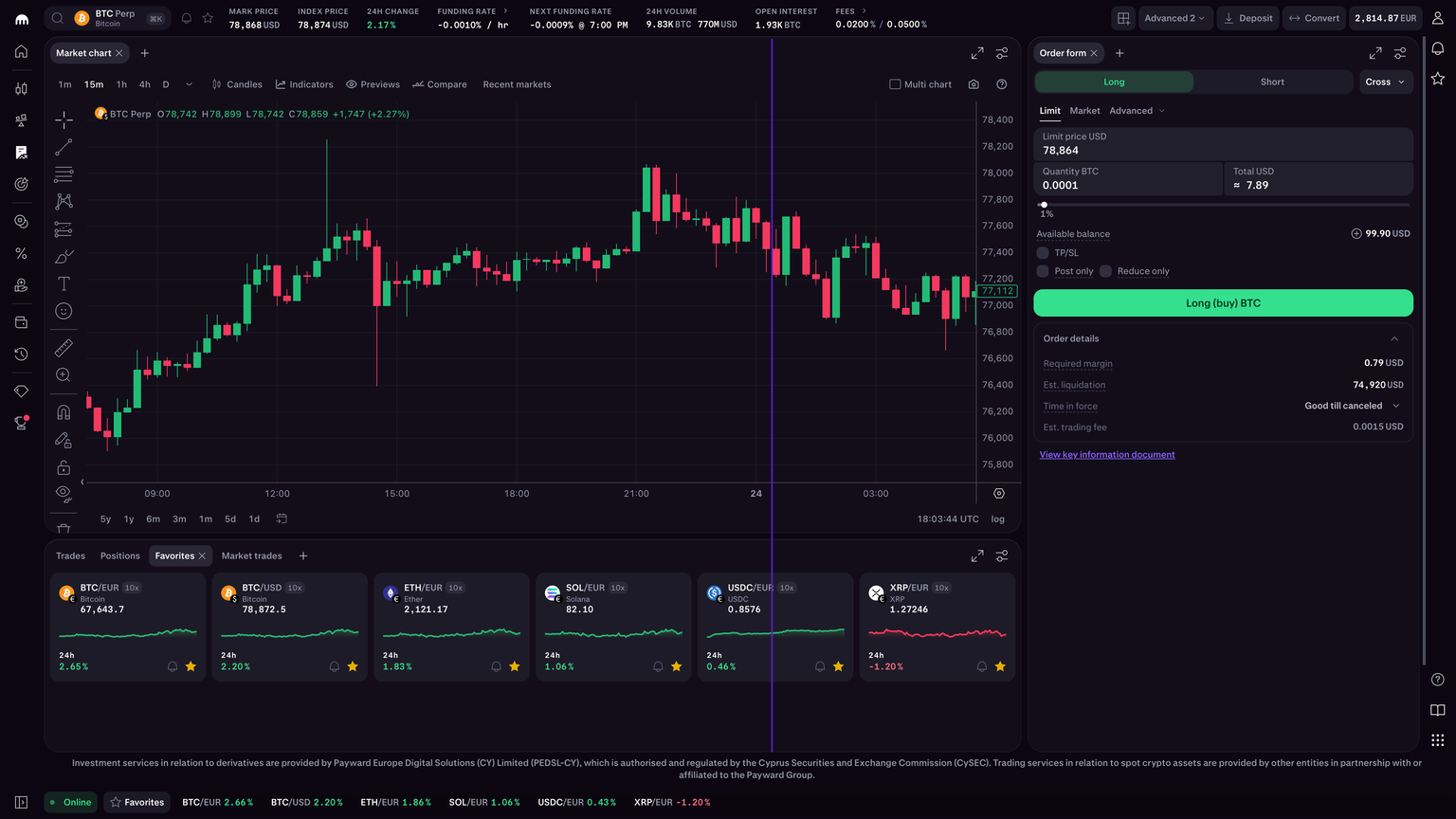Kraken Pro futures trading interface with candlestick chart and market data.