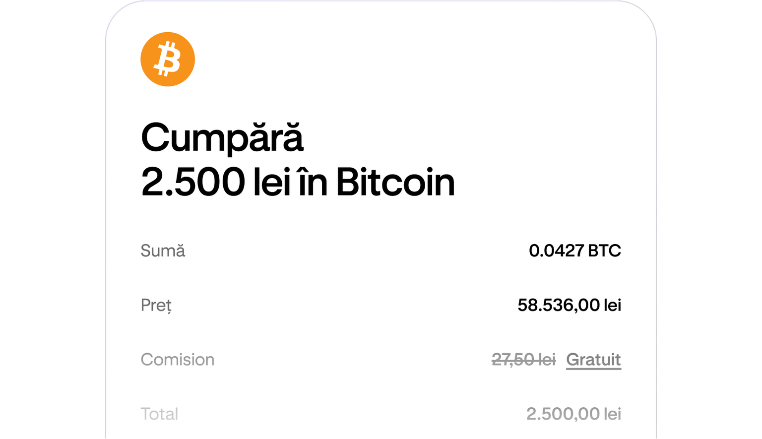 Cryptocurrency purchase review screen showing order details before confirmation