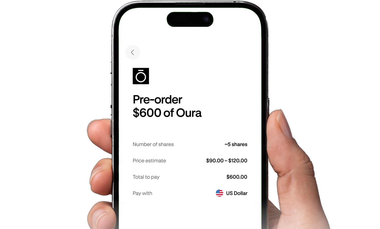 Hand holding phone displaying an IPO pre-order screen for Oura.