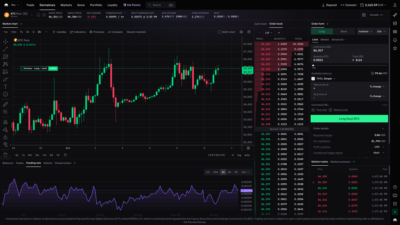 Kraken Pro futures trading interface with candlestick chart and market data.