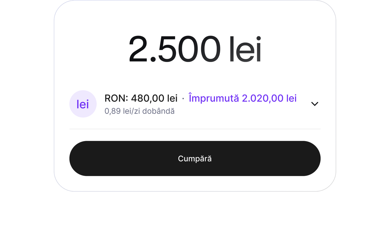 Buy screen showing a purchase funded with cash and a cryptocurrency-backed loan