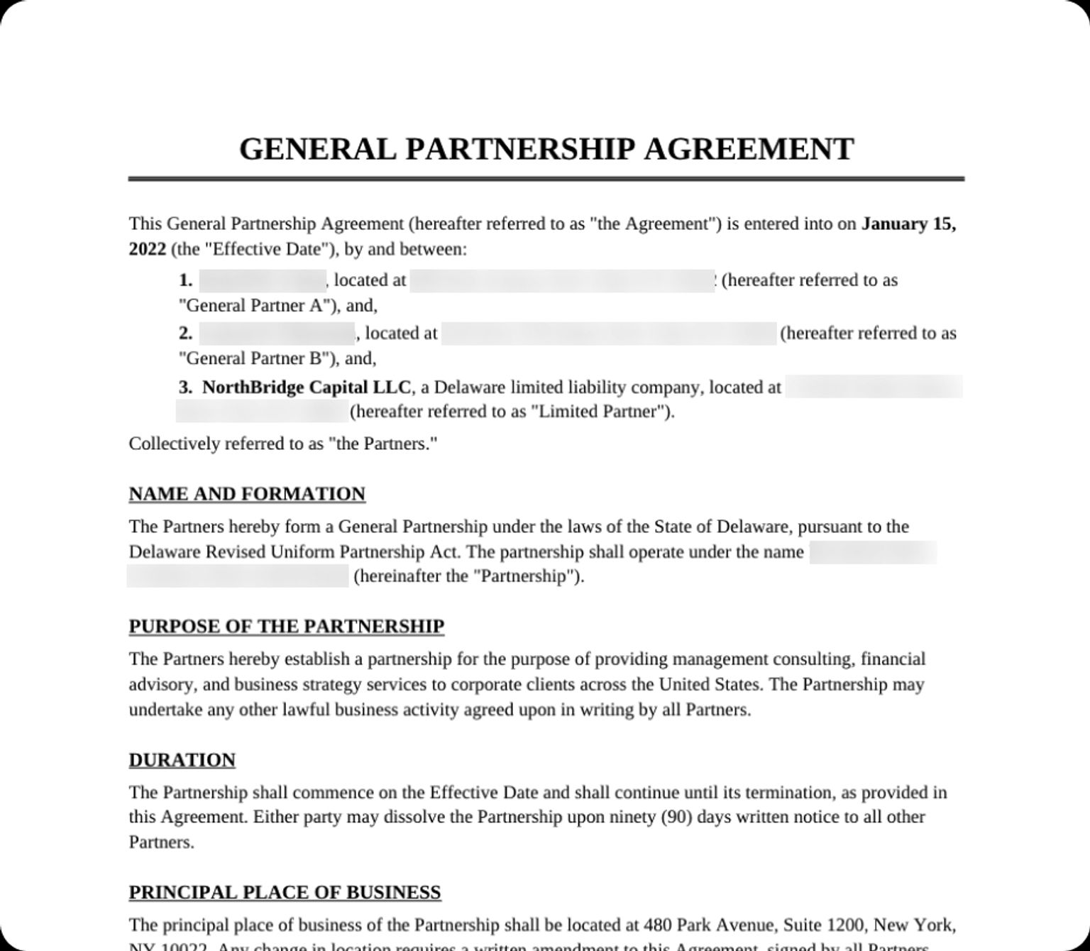 Example of a partnership agreement document