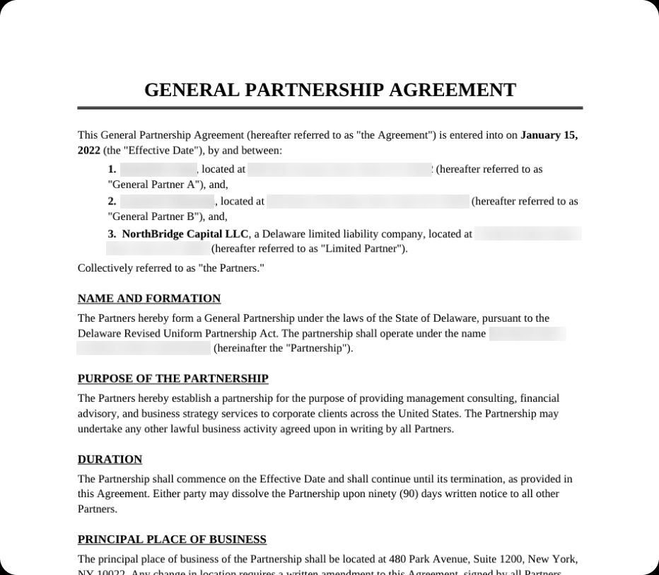 Example of a partnership agreement document