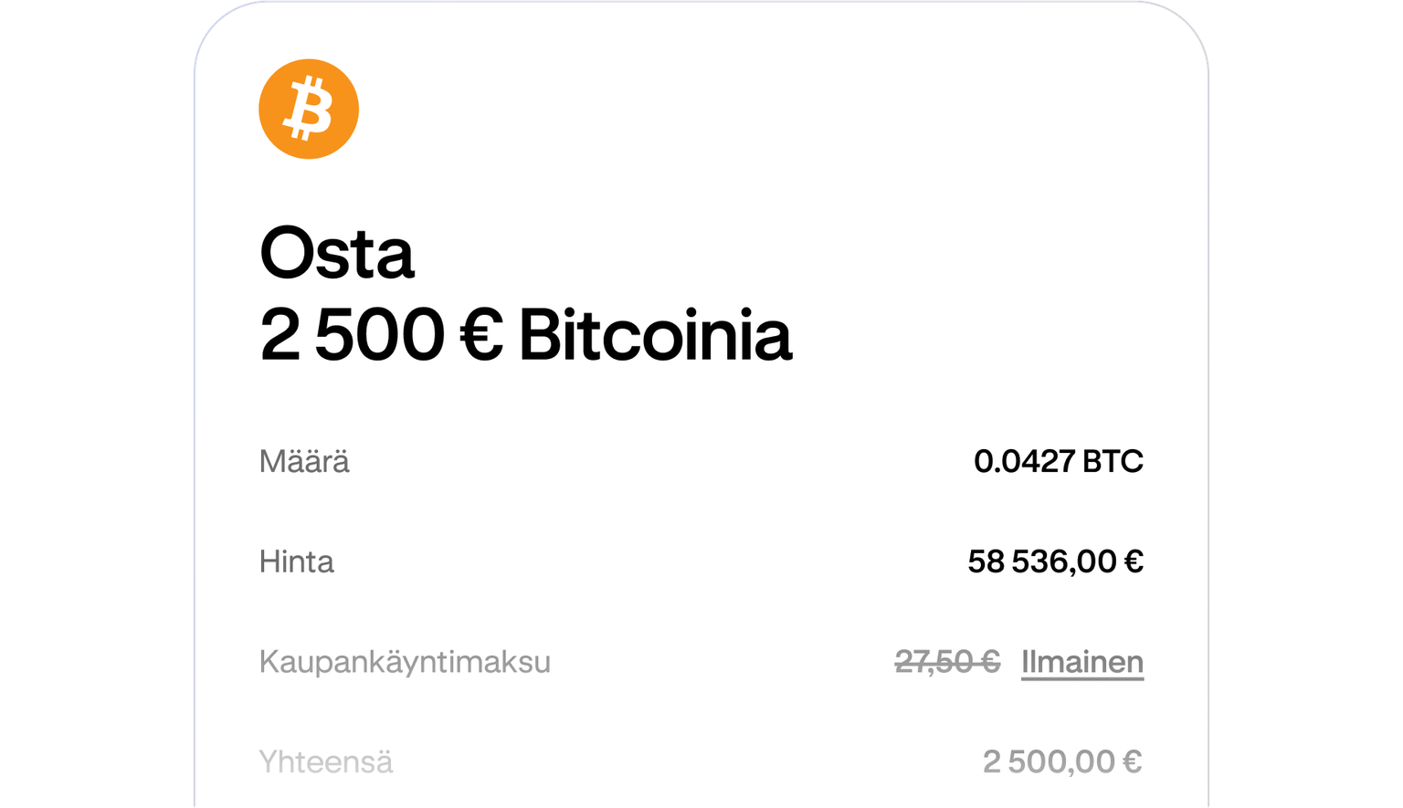 Cryptocurrency purchase review screen showing order details before confirmation
