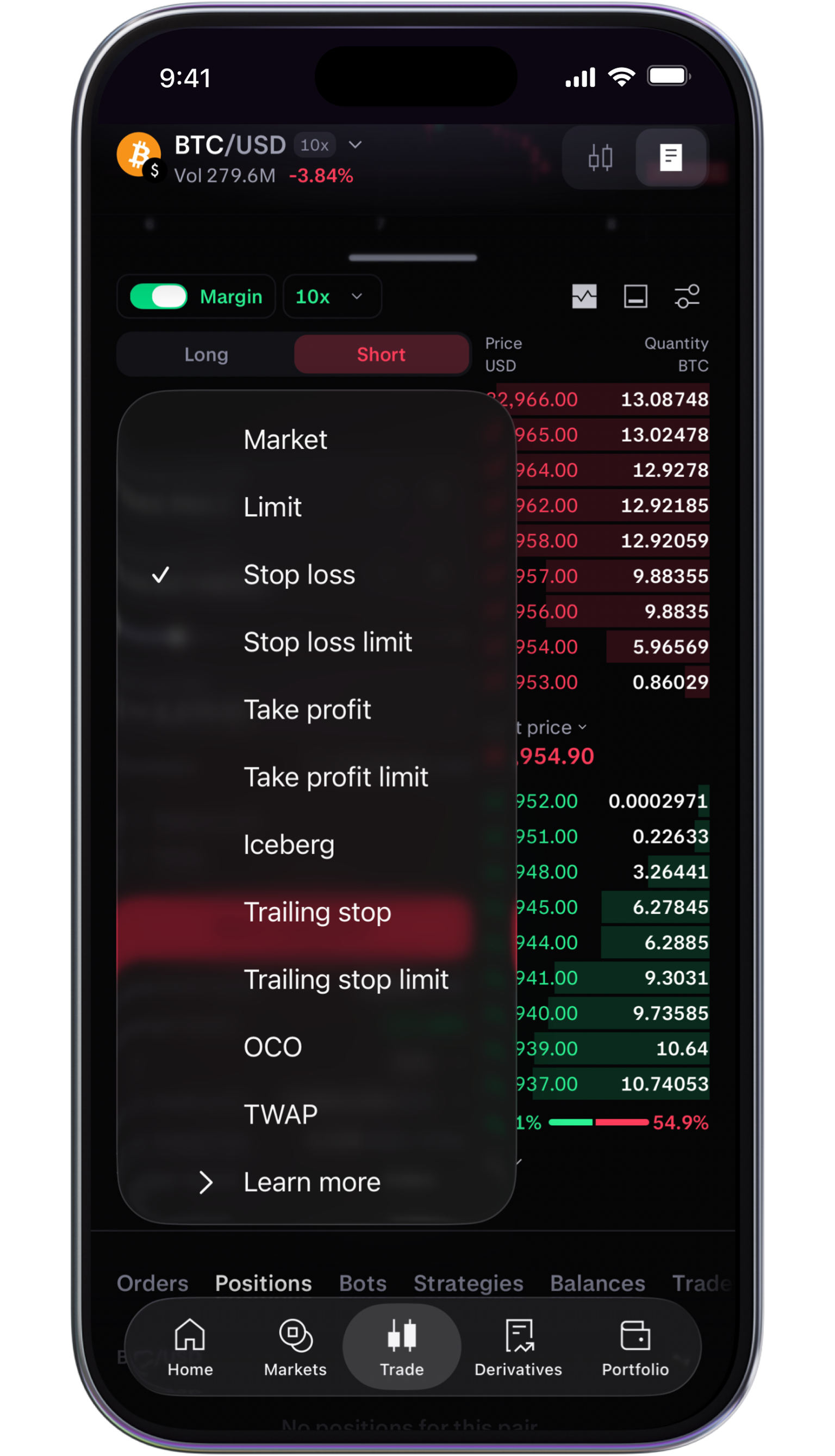 Set stop loss limit in app