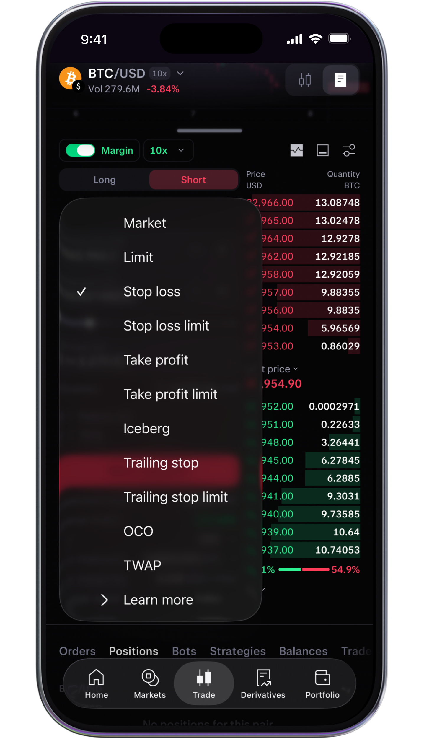 Set stop loss limit in app