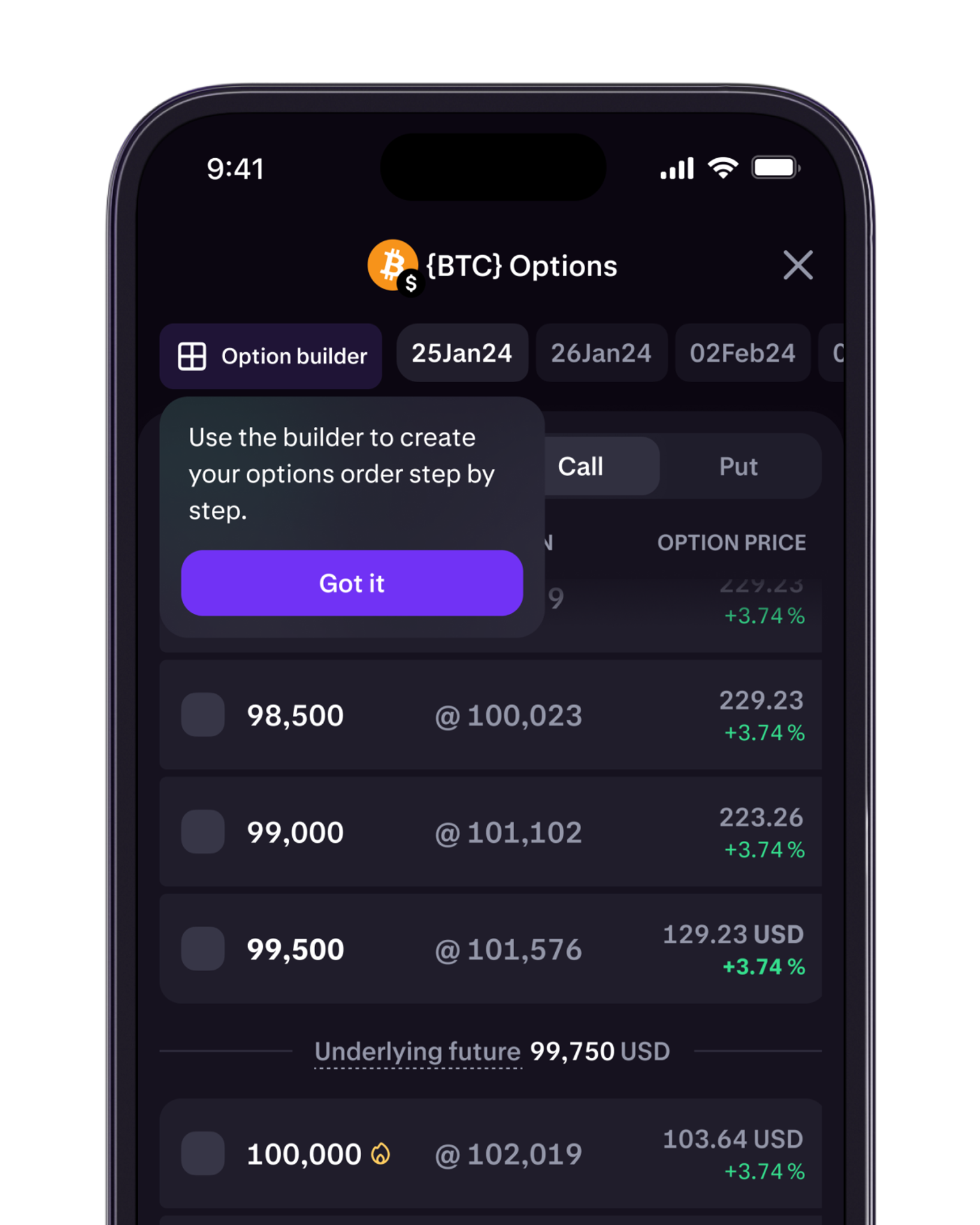 Kraken Pro Options tab showing the RFQ builder