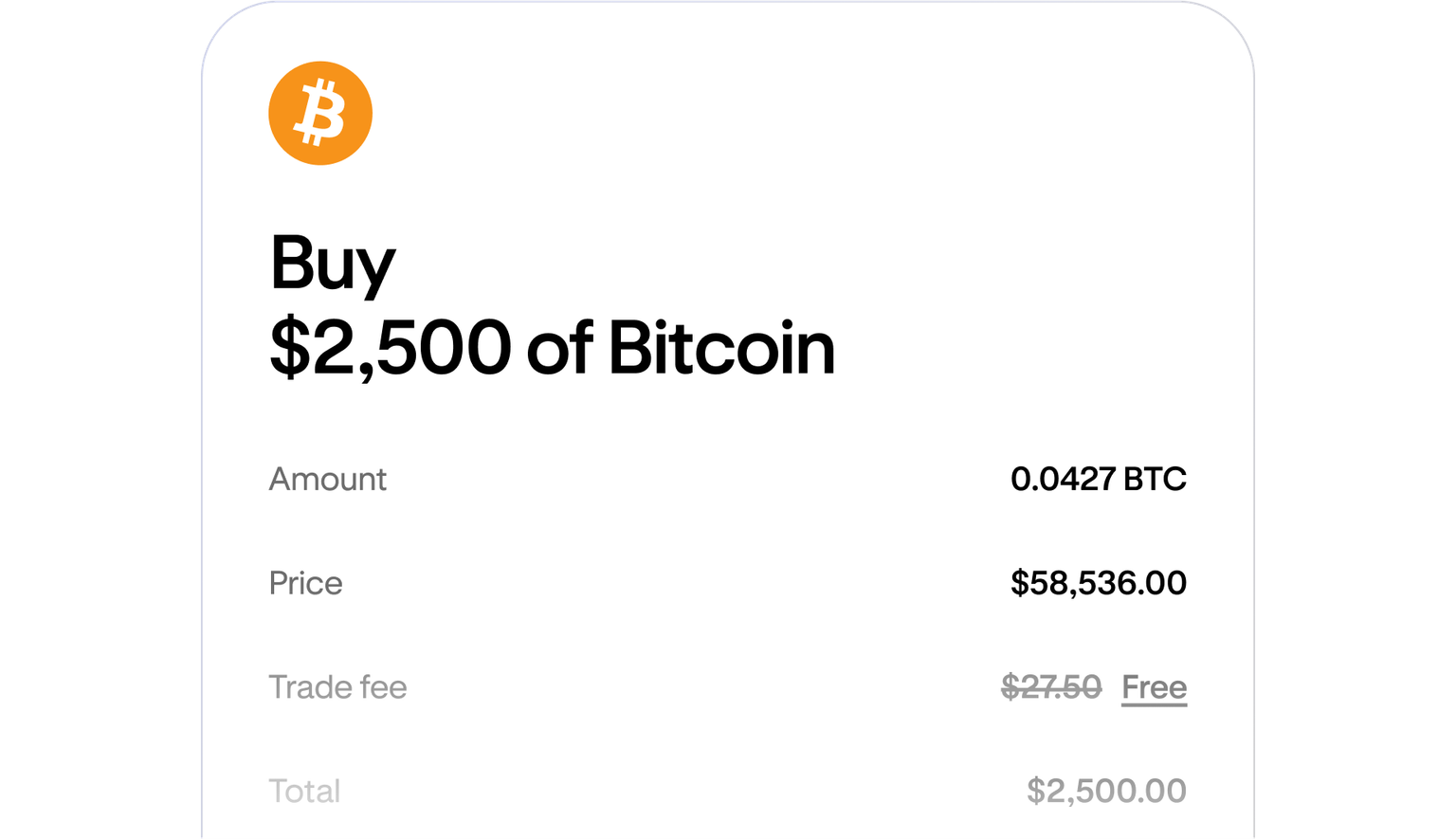 Cryptocurrency purchase review screen showing order details before confirmation