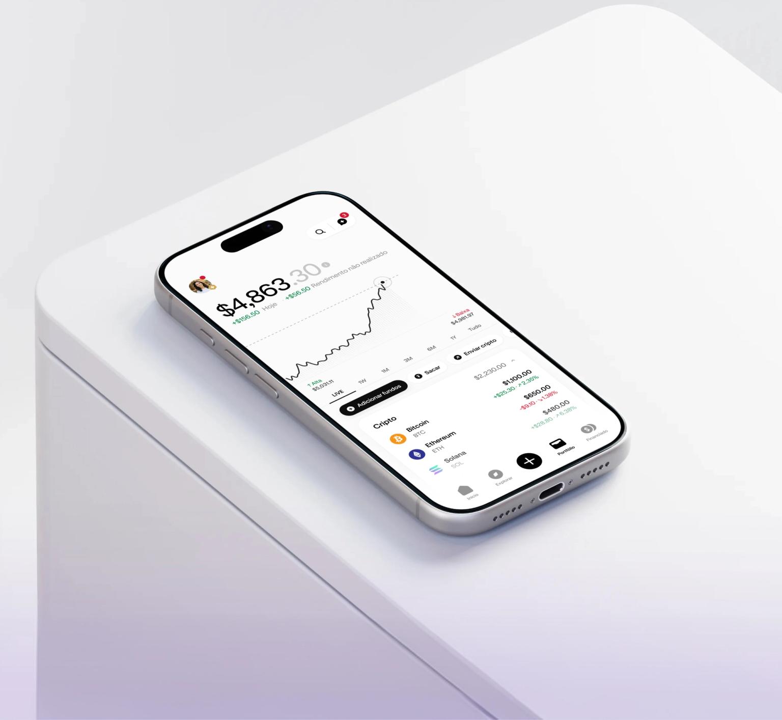 Phone displaying the Kraken app portfolio and market performance
