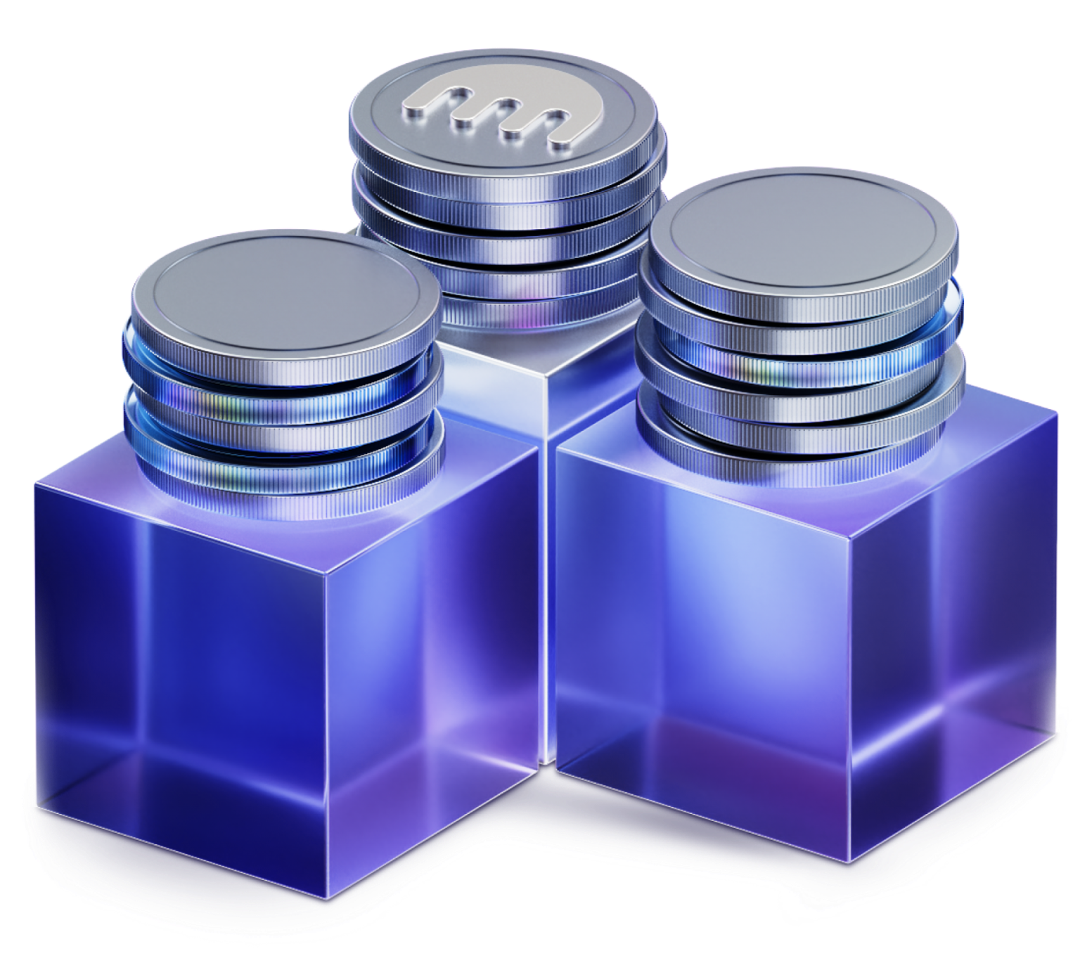 Stacks of coins on transparent blocks representing cryptocurrency borrowing
