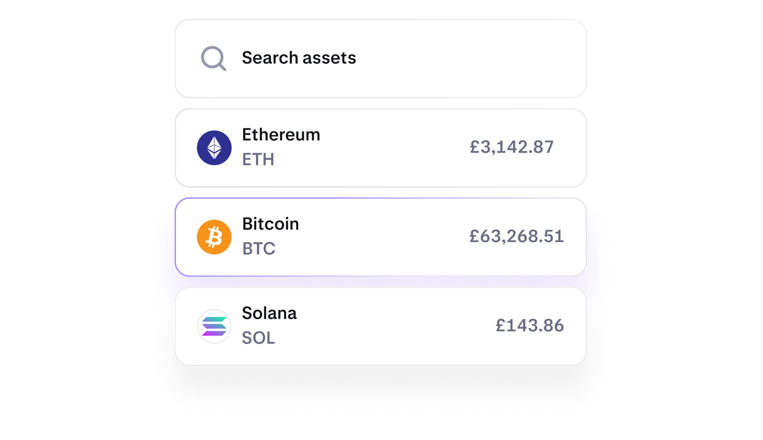 Cryptocurrency asset list for choosing what to buy in the Kraken app