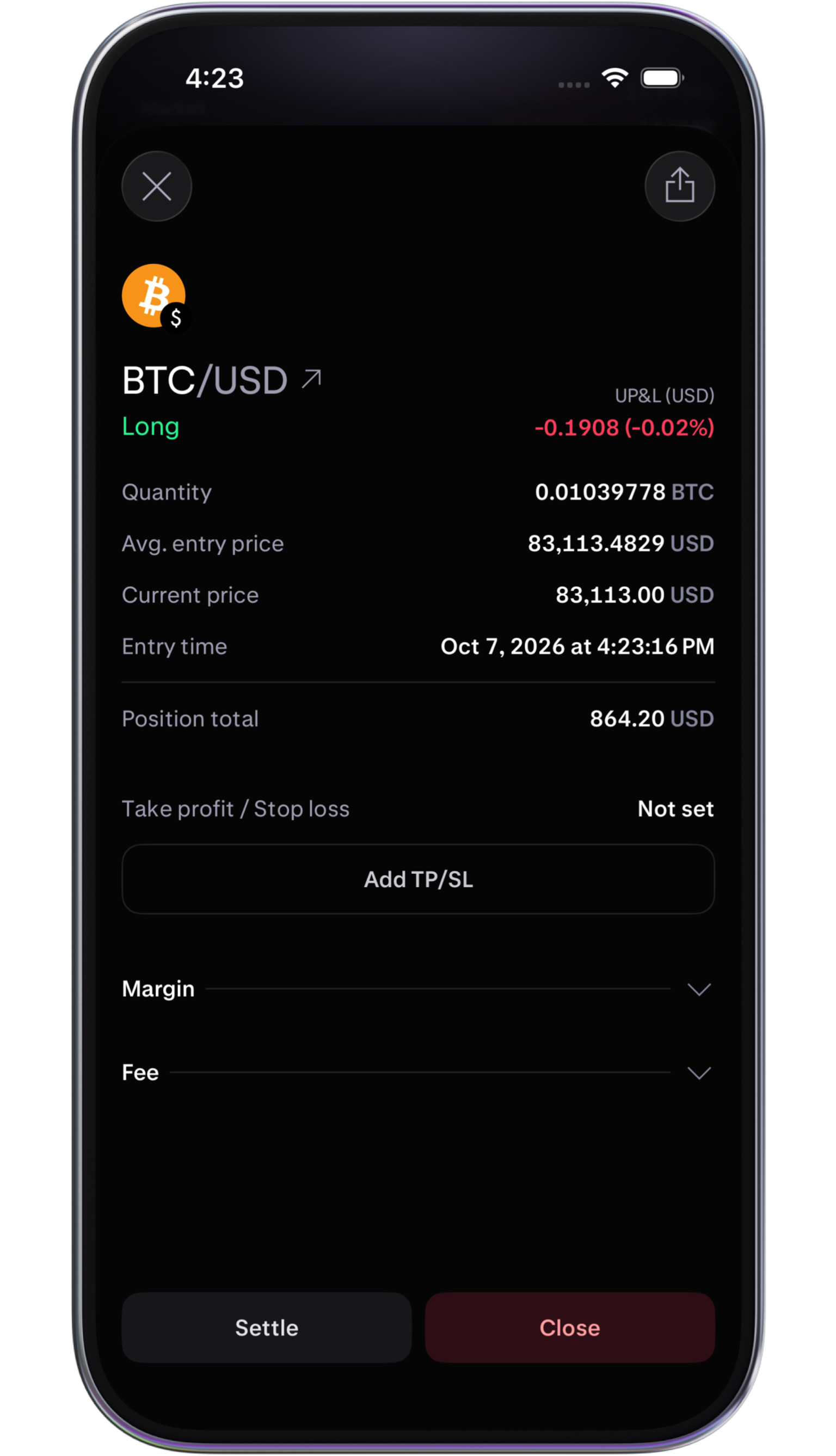 Live profit and loss in app