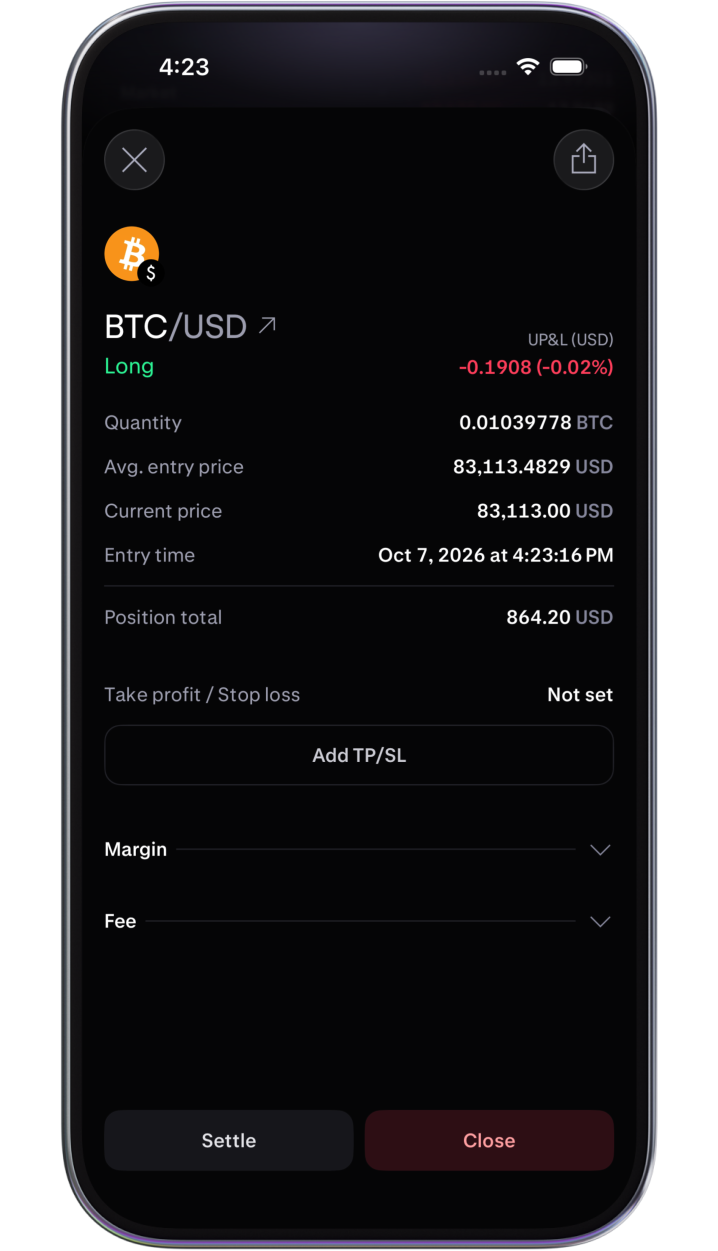 Live profit and loss in app