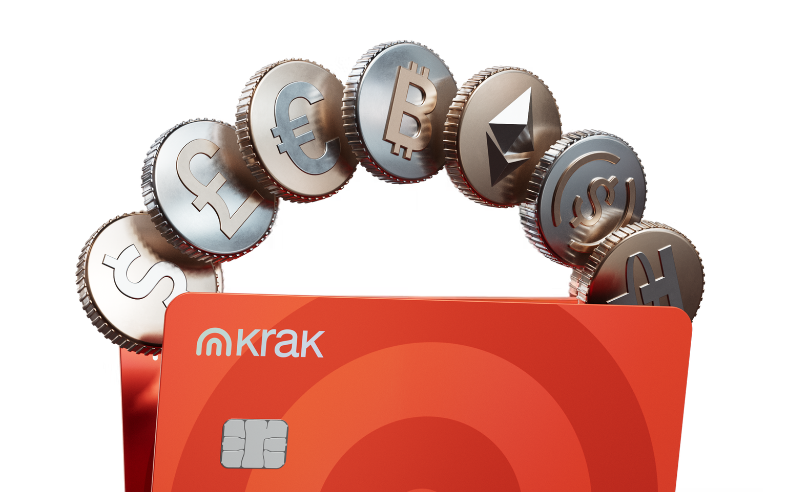 Krak debit card surrounded by cryptocurrency and currency coins
