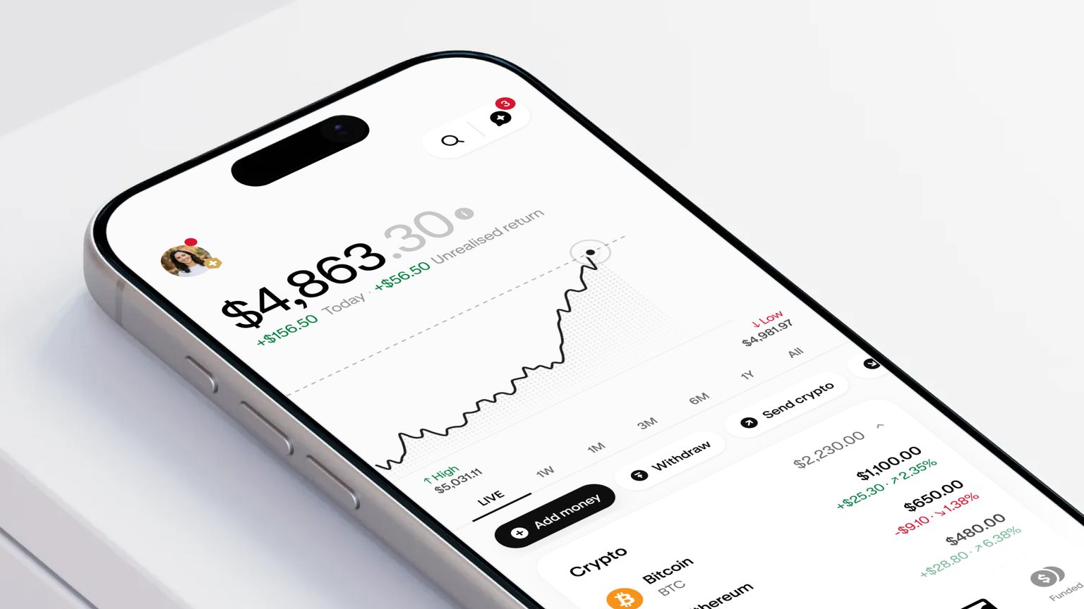 Phone displaying a cryptocurrency portfolio