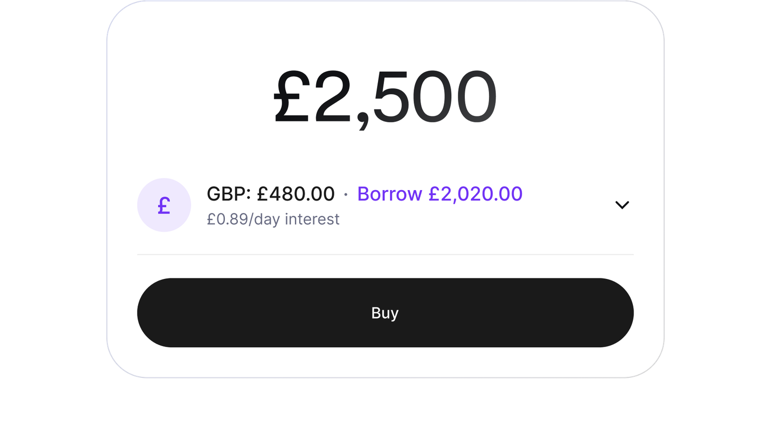 Buy screen showing a purchase funded with cash and a cryptocurrency-backed loan