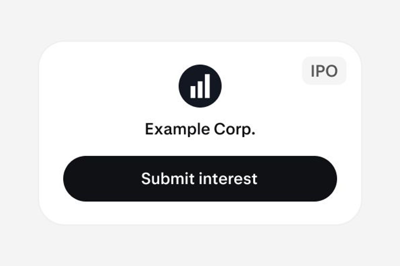 Example Corp. IPO button with "Submit interest" option.