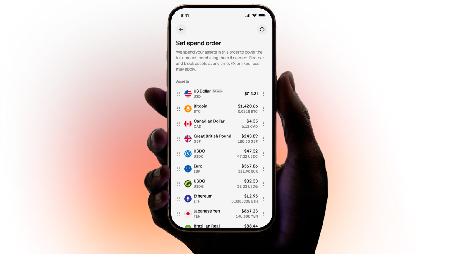 Hand holding a phone displaying asset spend order in the Krak app