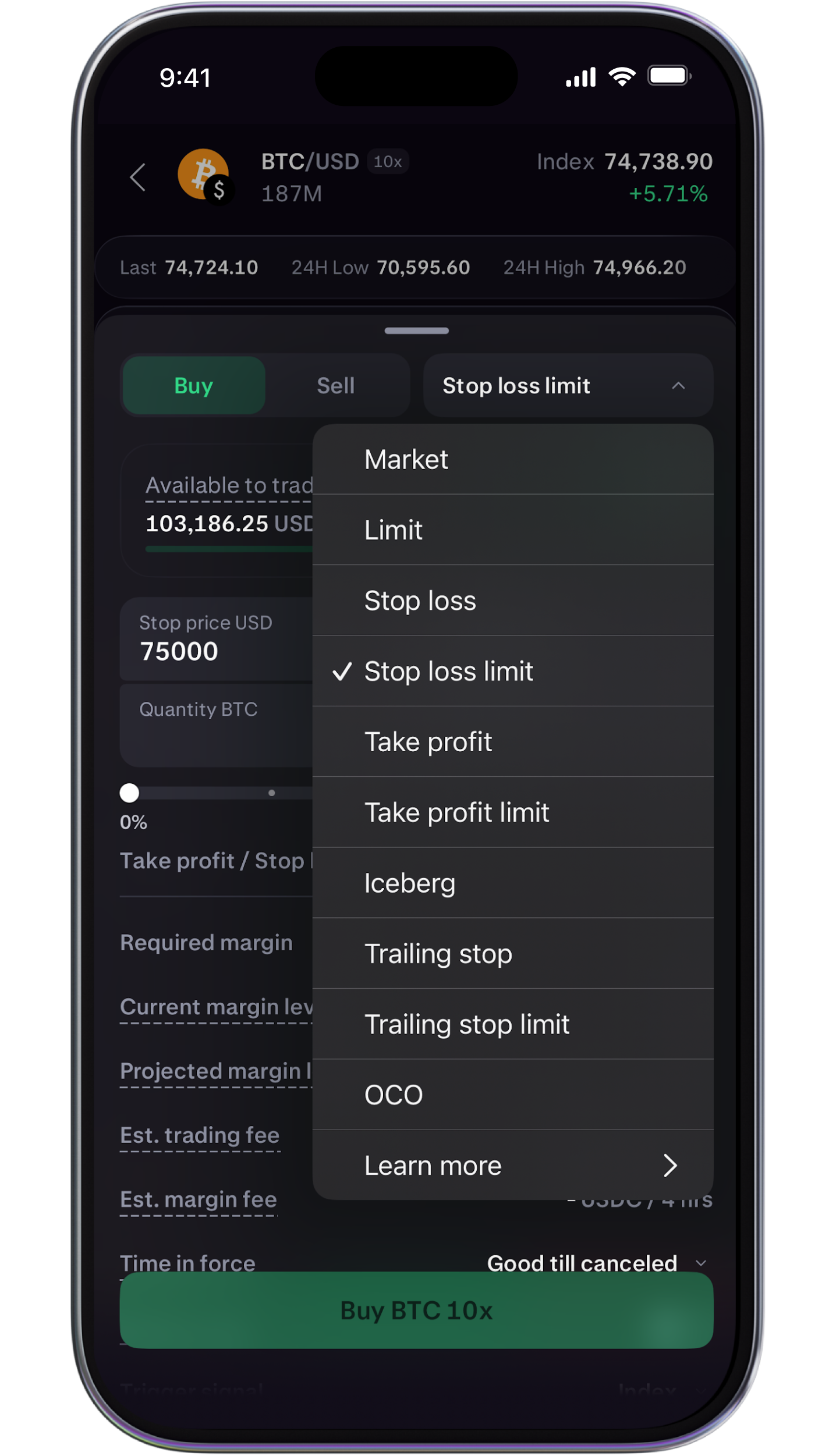 Set stop loss limit in app