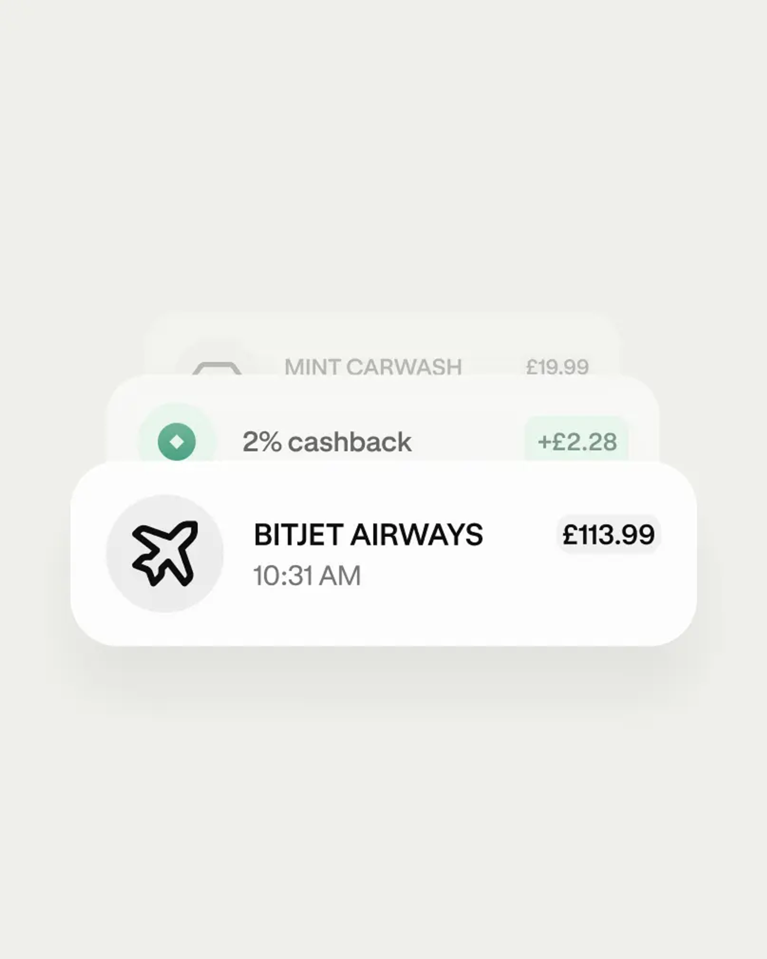 Payment notification cards showing a completed purchase and cashback reward