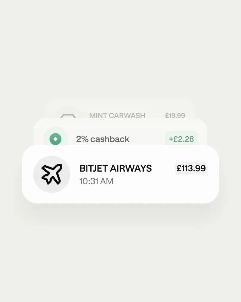 Payment notification cards showing a completed purchase and cashback reward