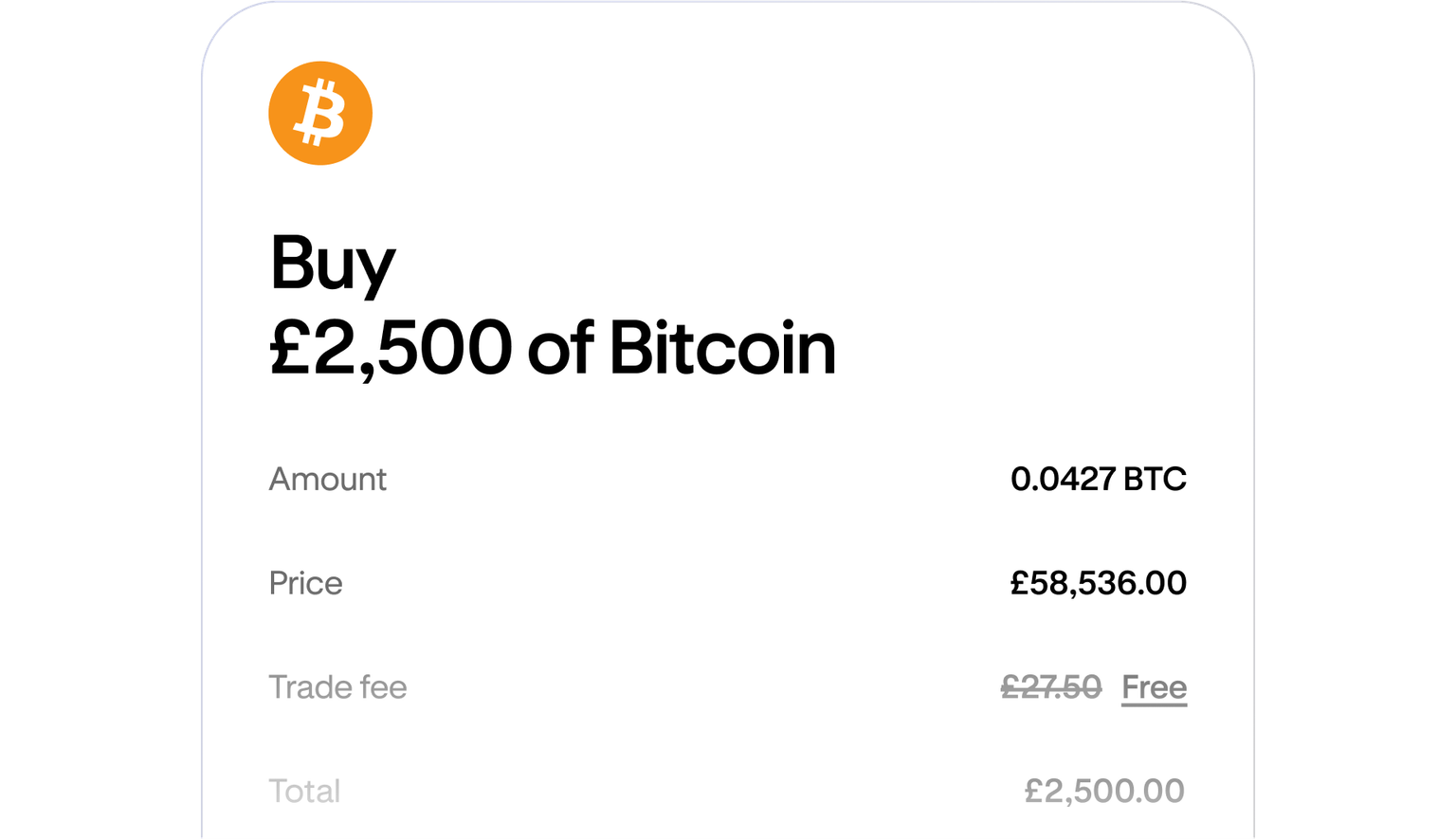 Cryptocurrency purchase review screen showing order details before confirmation