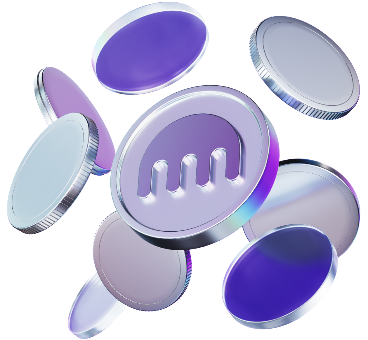 Floating cryptocurrency coins representing a funded trading account