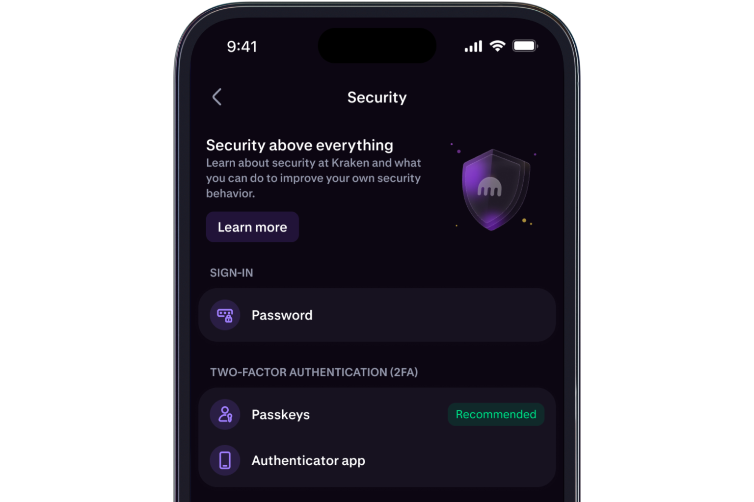 Security settings in Kraken Pro