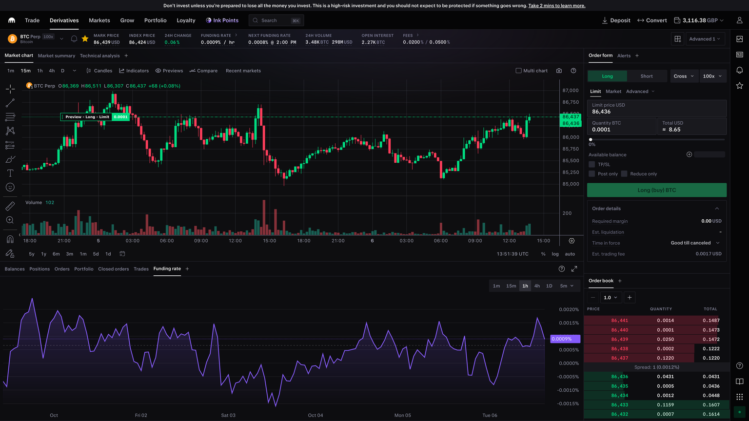 Kraken Pro futures trading interface with candlestick chart and market data.
