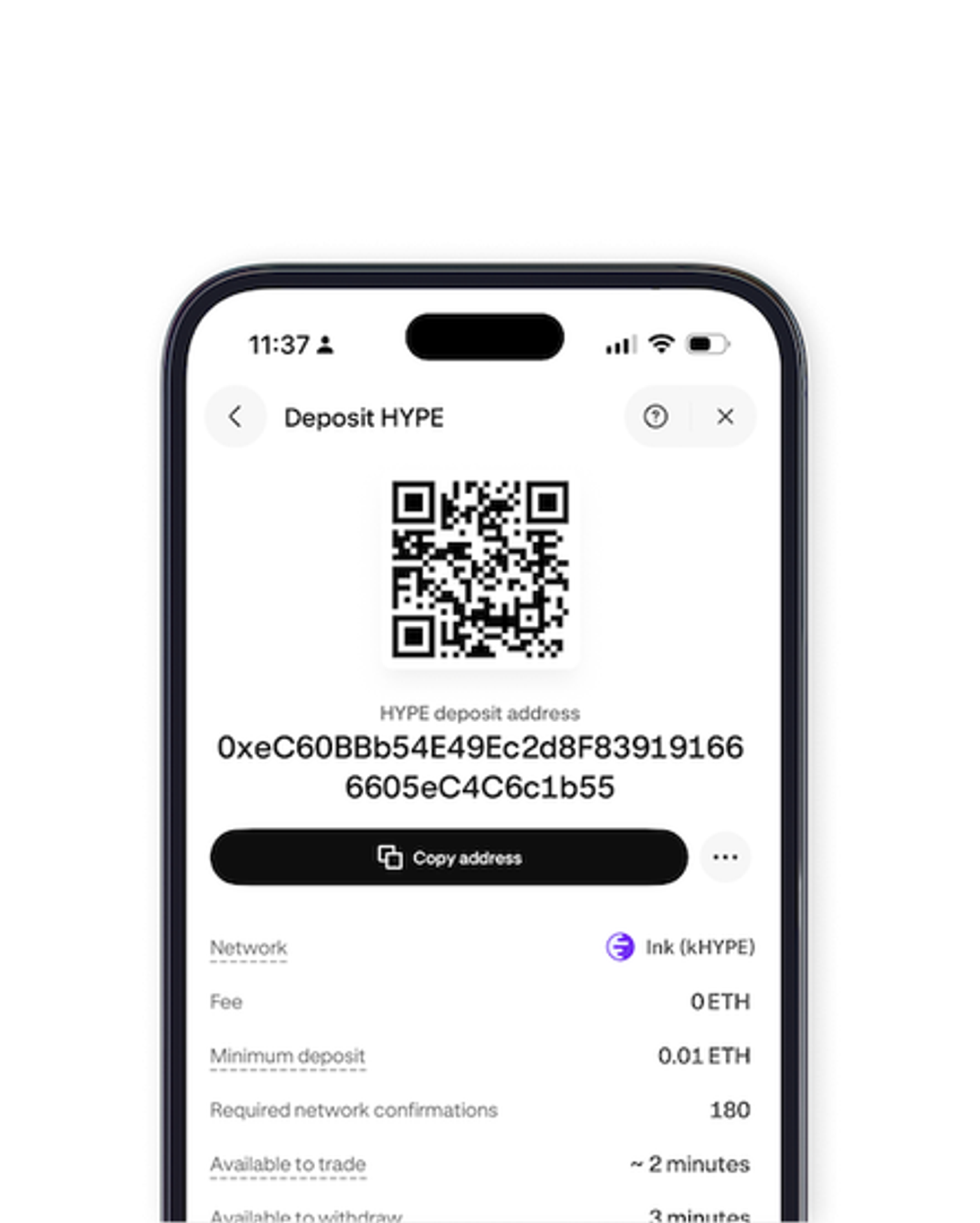 HYPE deposit address in the Kraken app
