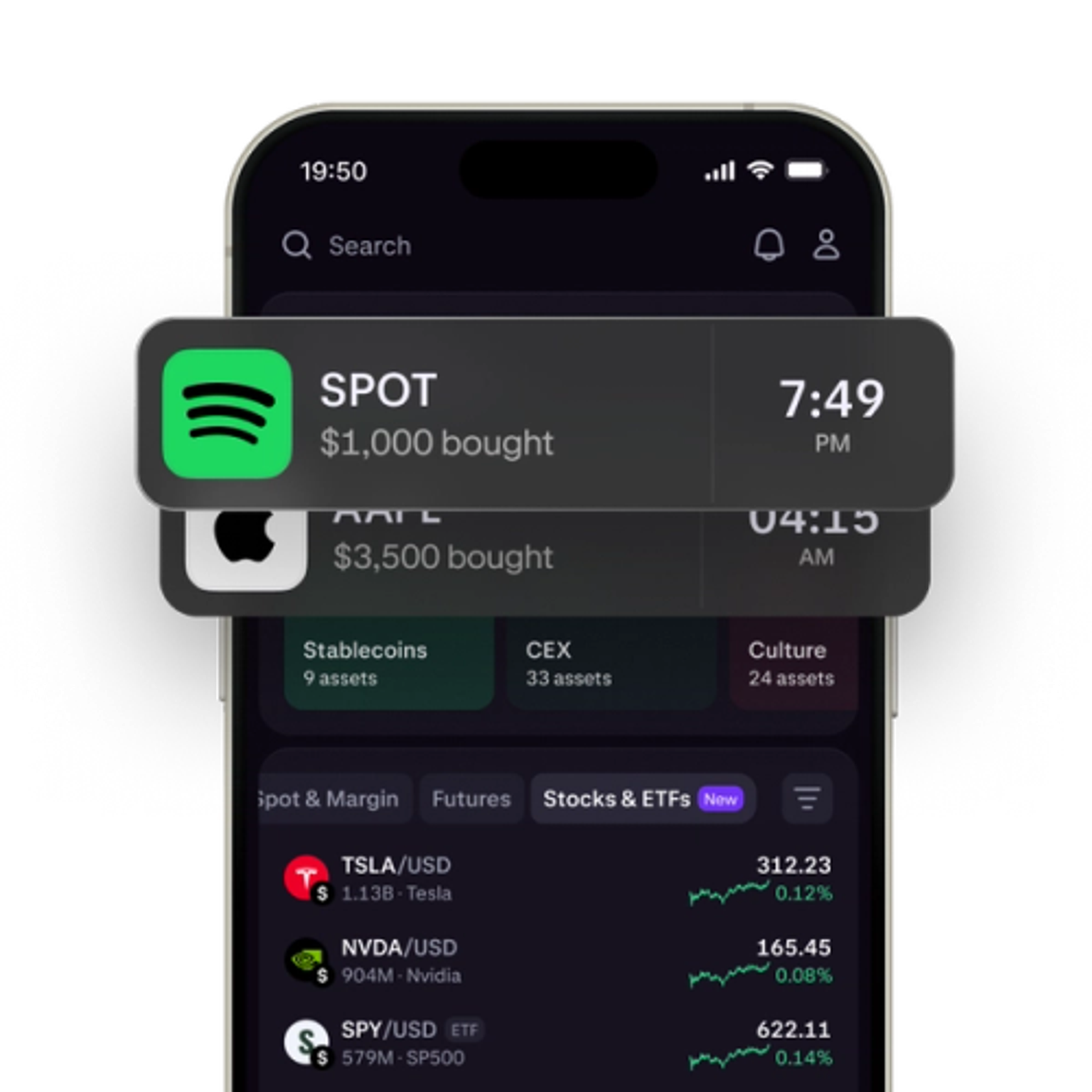 Spotify and Apple stock on a mobile phone