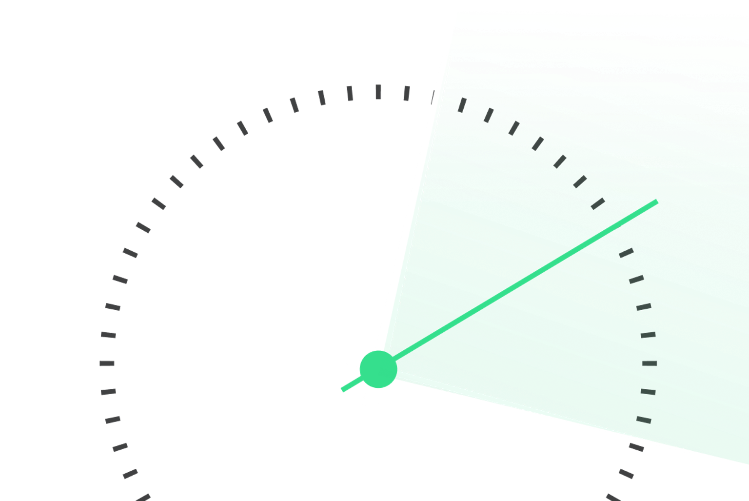 Minimalist clock face with green and white hands on dark background.
