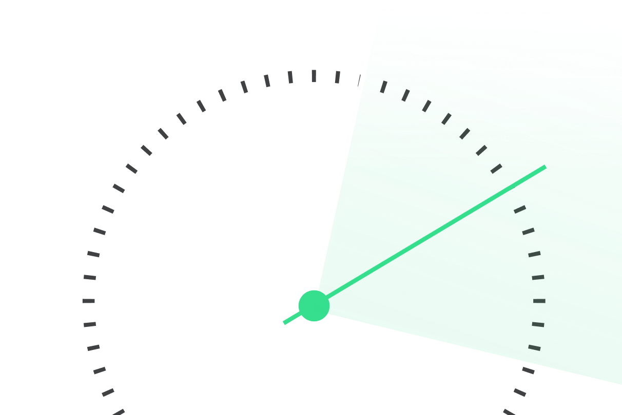 Minimalist clock face with green and white hands on dark background.