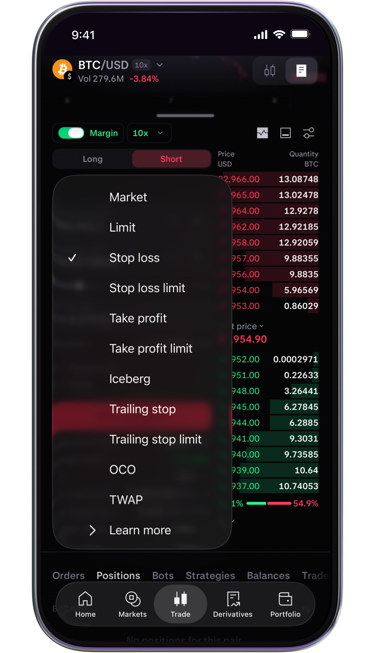 Set stop loss limit in app