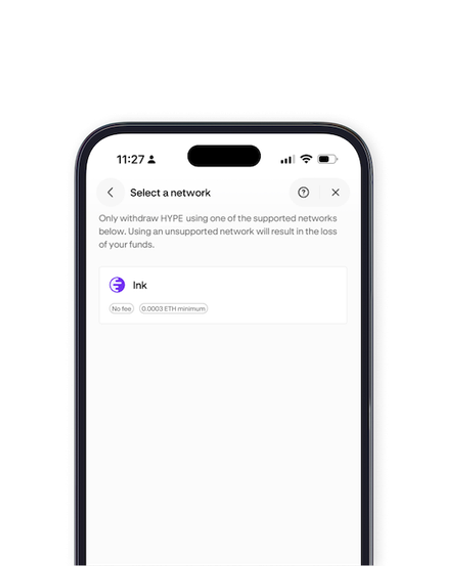 Selecting the Ink network in the Kraken app