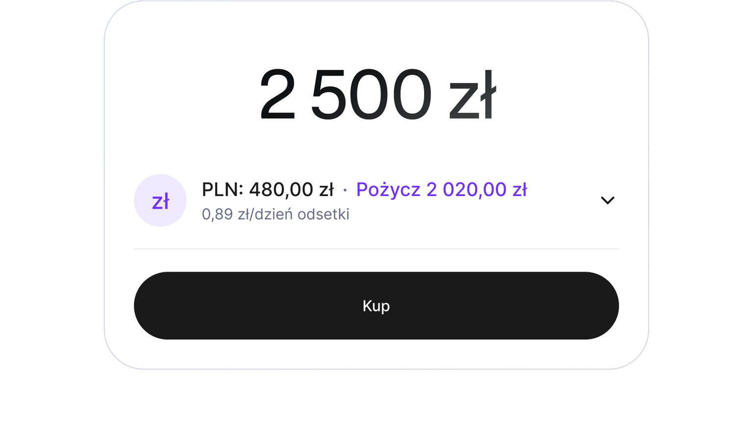 Buy screen showing a purchase funded with cash and a cryptocurrency-backed loan