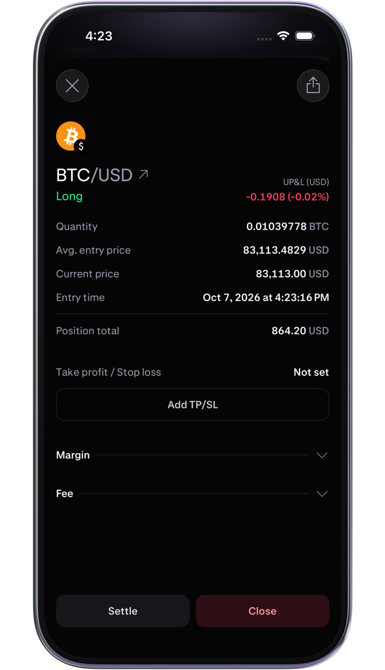 Live profit and loss in app