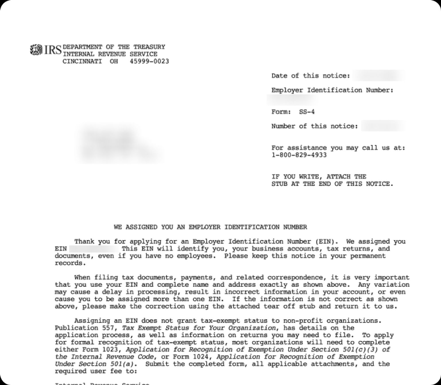 Example of an IRS EIN confirmation letter